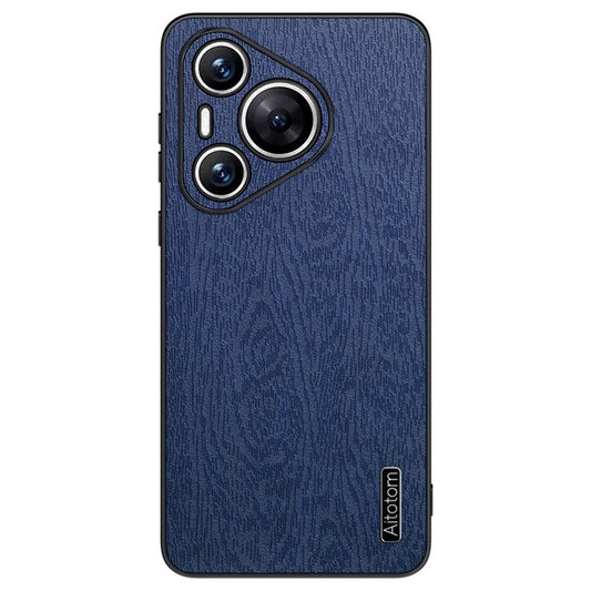 For Huawei Pura 70 Phone Case Wood Texture Leather Coating PC+TPU Hybrid Shell - Blue