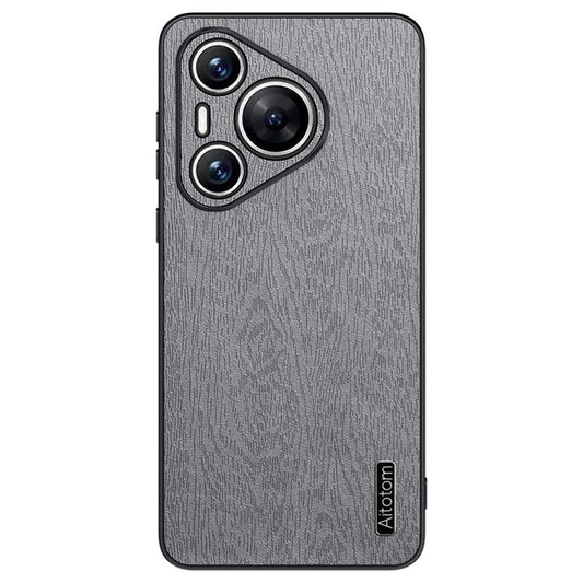 For Huawei Pura 70 Phone Case Wood Texture Leather Coating PC+TPU Hybrid Shell - Grey