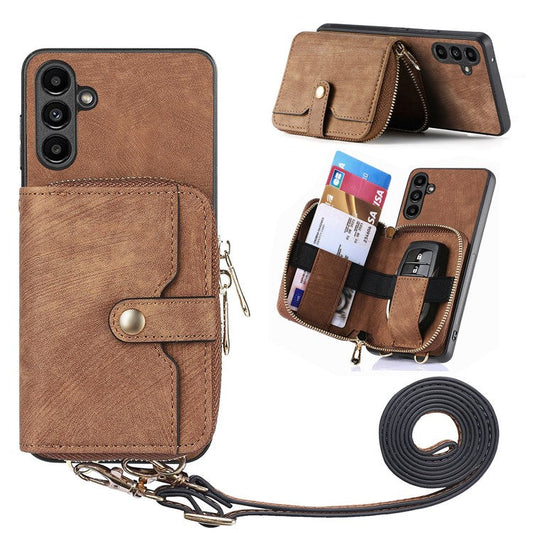 D3 for Samsung Galaxy A05s 4G Case Zipper Retro Leather Back Cover with Crossbody Strap - Brown