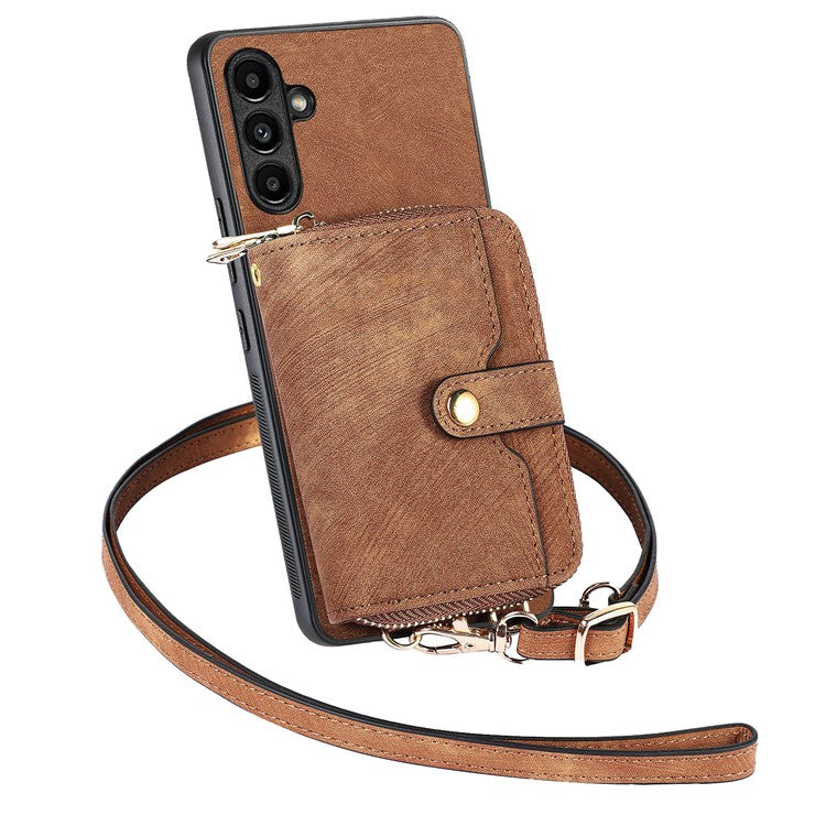 D3 for Samsung Galaxy A05s 4G Case Zipper Retro Leather Back Cover with Crossbody Strap - Brown