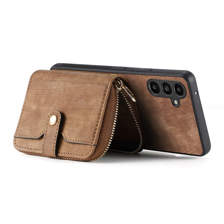 D3 for Samsung Galaxy A05s 4G Case Zipper Retro Leather Back Cover with Crossbody Strap - Brown