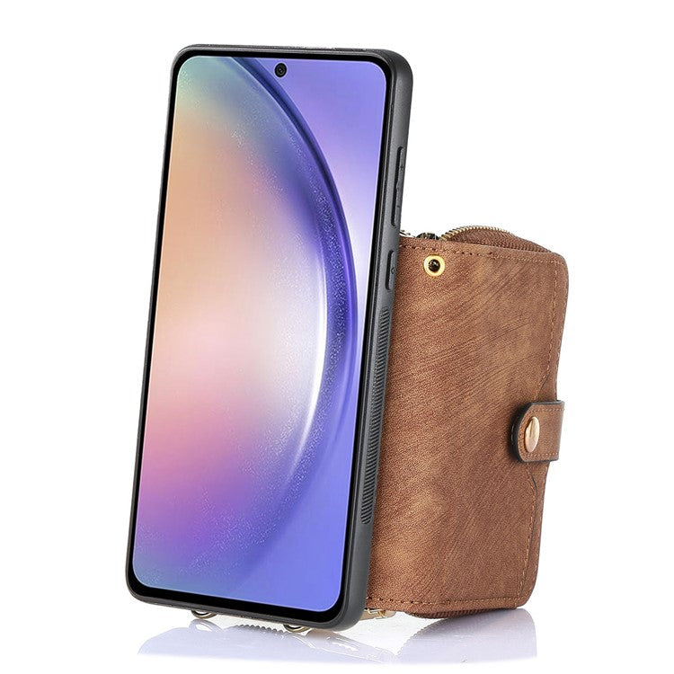 D3 for Samsung Galaxy A05s 4G Case Zipper Retro Leather Back Cover with Crossbody Strap - Brown