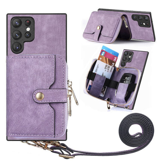 D3 Phone Case Wallet for Samsung Galaxy S22 Ultra 5G Zipper Pocket PU Leather+PC+TPU Phone Cover - Purple