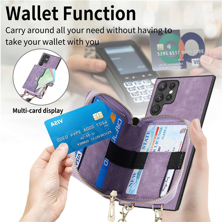 D3 Phone Case Wallet for Samsung Galaxy S22 Ultra 5G Zipper Pocket PU Leather+PC+TPU Phone Cover - Purple