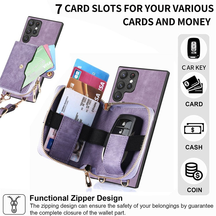 D3 Phone Case Wallet for Samsung Galaxy S22 Ultra 5G Zipper Pocket PU Leather+PC+TPU Phone Cover - Purple