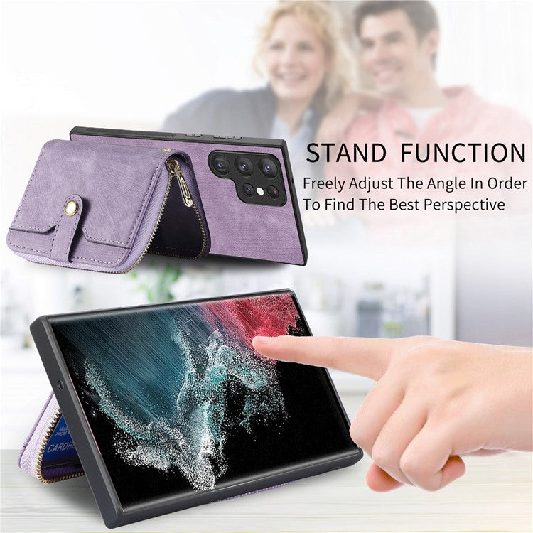 D3 Phone Case Wallet for Samsung Galaxy S22 Ultra 5G Zipper Pocket PU Leather+PC+TPU Phone Cover - Purple