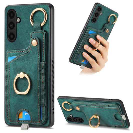 D6 For Samsung Galaxy A55 5G Case Card Holder Leather+TPU Phone Back Cover with Ring Kickstand - Green