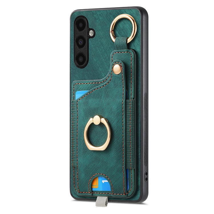 D6 For Samsung Galaxy A55 5G Case Card Holder Leather+TPU Phone Back Cover with Ring Kickstand - Green