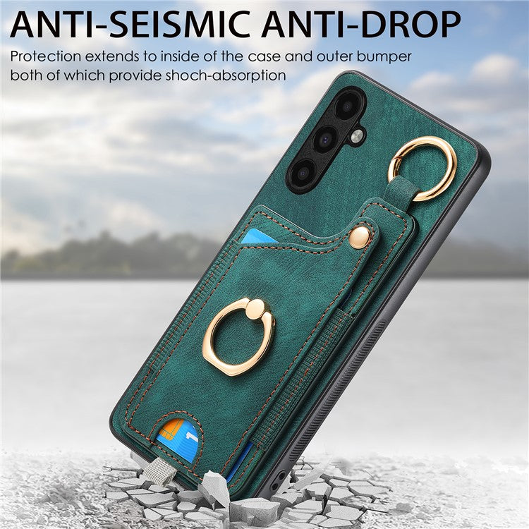 D6 For Samsung Galaxy A55 5G Case Card Holder Leather+TPU Phone Back Cover with Ring Kickstand - Green
