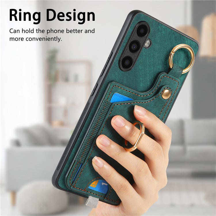 D6 For Samsung Galaxy A55 5G Case Card Holder Leather+TPU Phone Back Cover with Ring Kickstand - Green