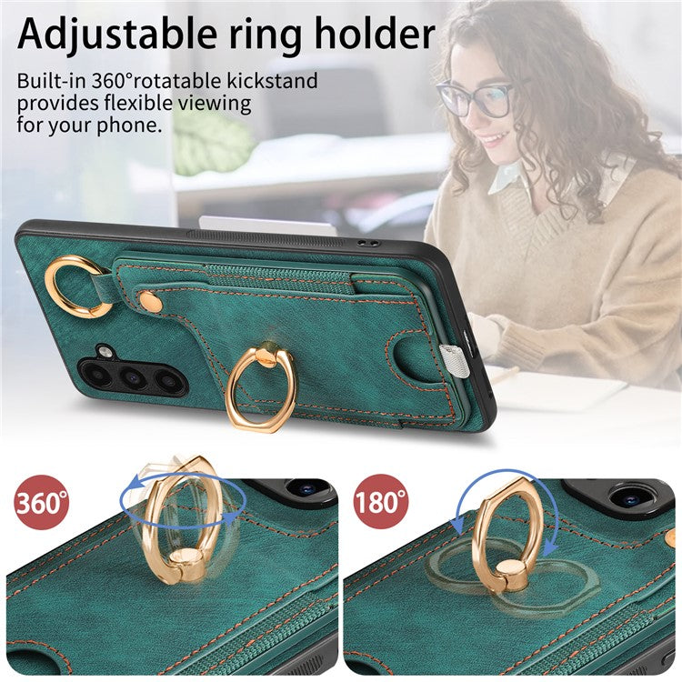 D6 For Samsung Galaxy A55 5G Case Card Holder Leather+TPU Phone Back Cover with Ring Kickstand - Green