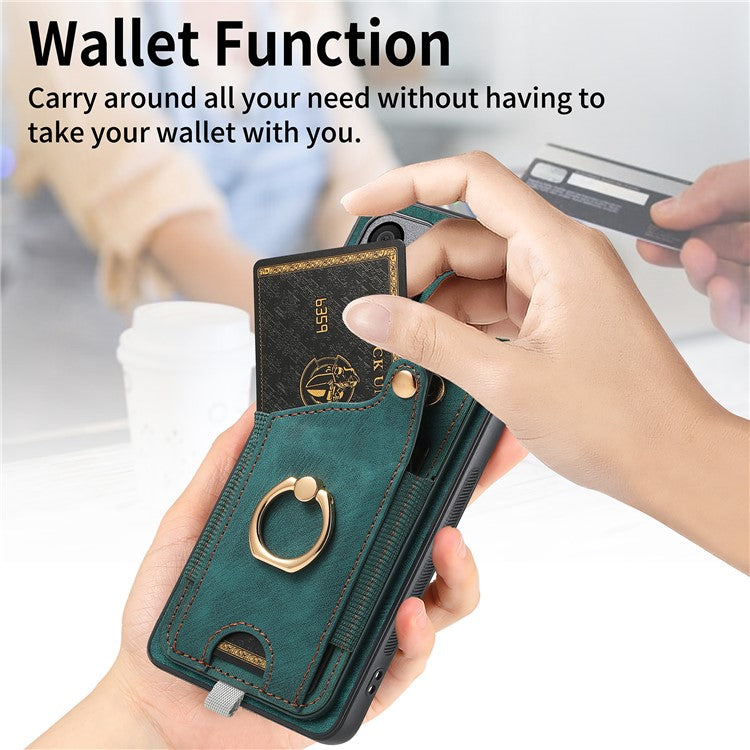 D6 For Samsung Galaxy A55 5G Case Card Holder Leather+TPU Phone Back Cover with Ring Kickstand - Green