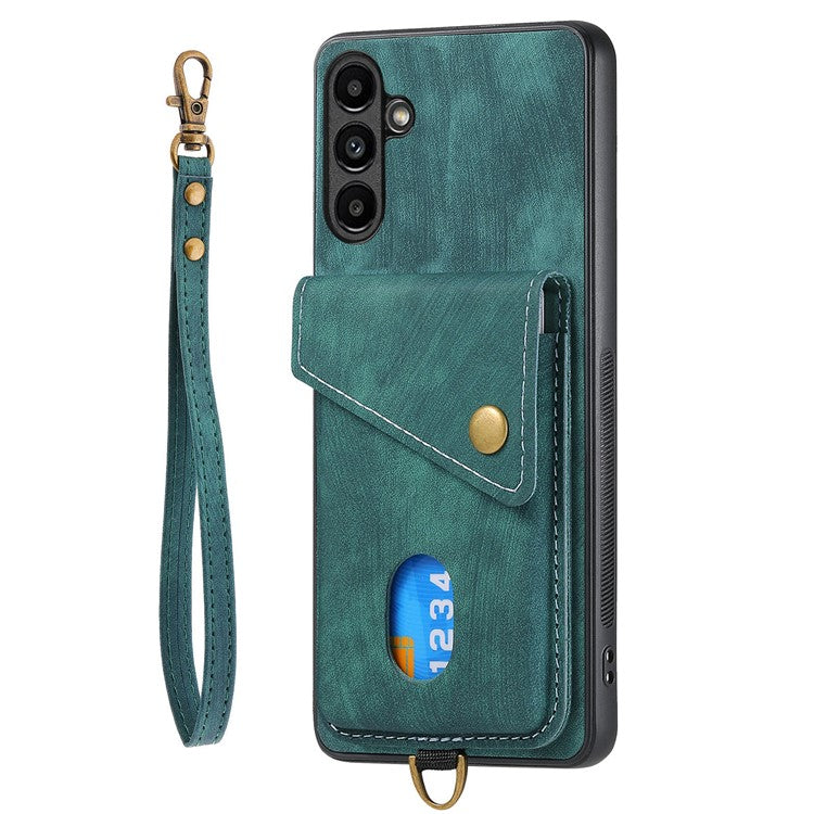 D1 For Samsung Galaxy M15 5G Retro Card Holder Case PU+TPU Phone Cover with Kickstand - Green