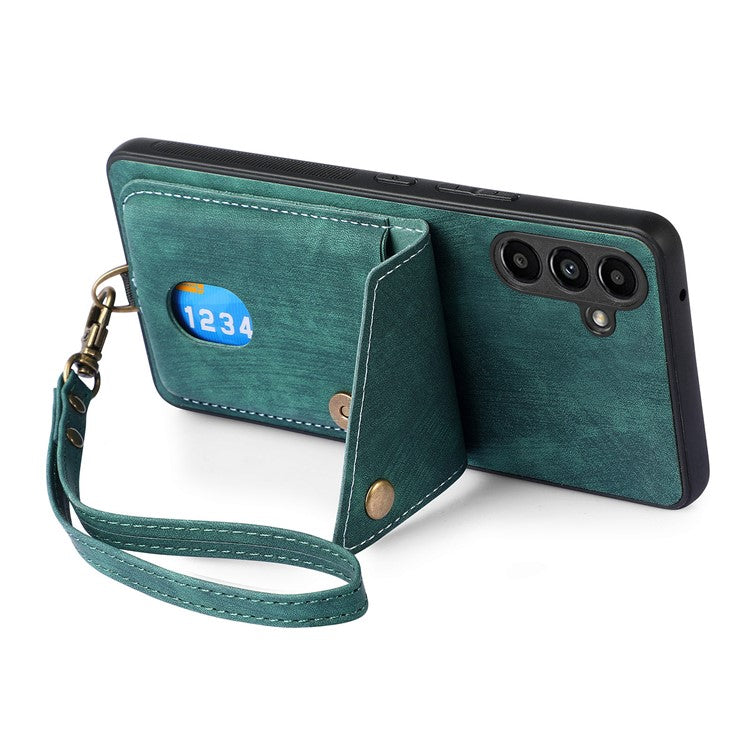 D1 For Samsung Galaxy M15 5G Retro Card Holder Case PU+TPU Phone Cover with Kickstand - Green