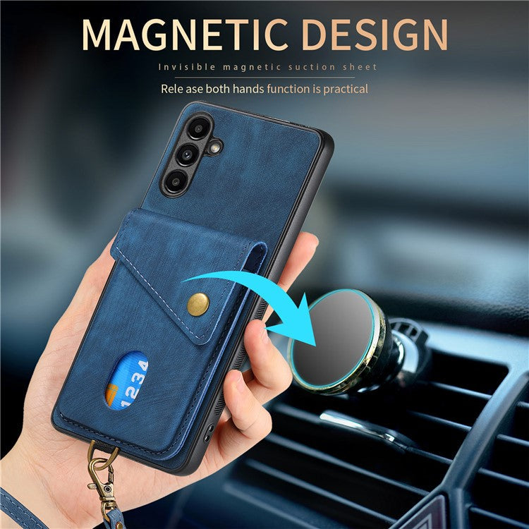D1 For Samsung Galaxy M15 5G Retro Card Holder Case PU+TPU Phone Cover with Kickstand - Green