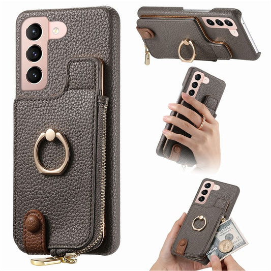 Y3 for Samsung Galaxy S21+ 5G Leather+TPU Ring Kickstand Case Phone Cover with Zipper Pocket - Grey