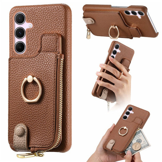 Y3 for Samsung Galaxy A55 5G Case RFID Blocking Phone Wallet Cover Supports Magnetic Car Holder - Brown