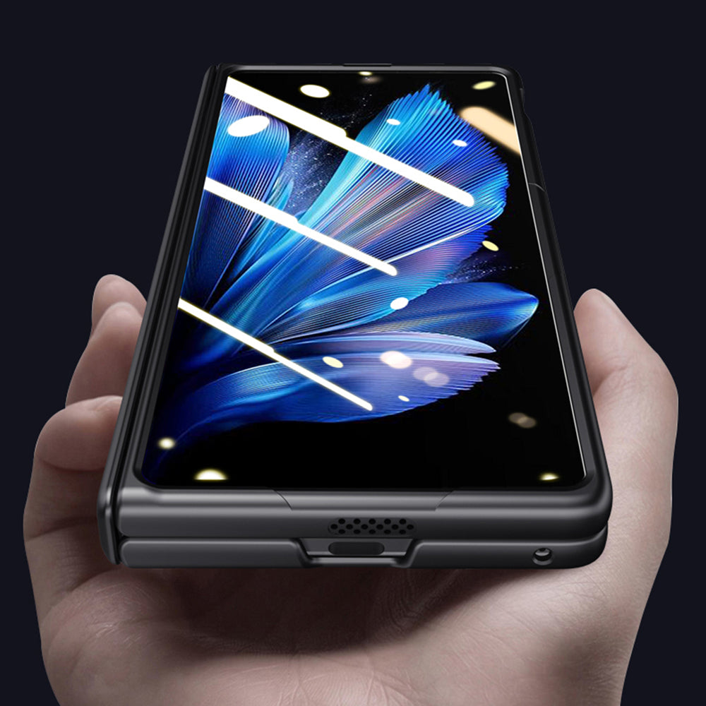 For vivo X Fold3 Case Leather Coated PC Magnetic Kickstand Phone Cover with HD Screen Film - Grey