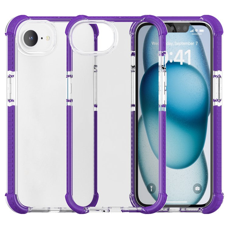 For iPhone 16e Case 3-in-1 Drop Protection TPU+TPE+Acrylic Phone Cover - Purple+Clear