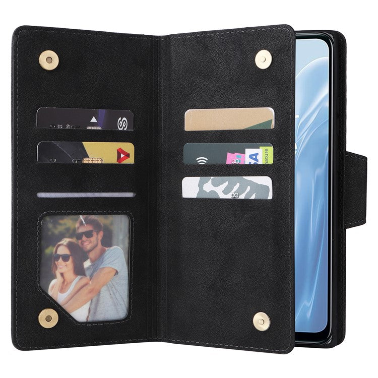 For OnePlus Nord N300 5G Case with Wrist Strap Rivet Decor PU Leather Phone Stand Cover - Black