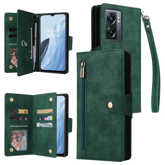 For OnePlus Nord N300 5G Case with Wrist Strap Rivet Decor PU Leather Phone Stand Cover - Green