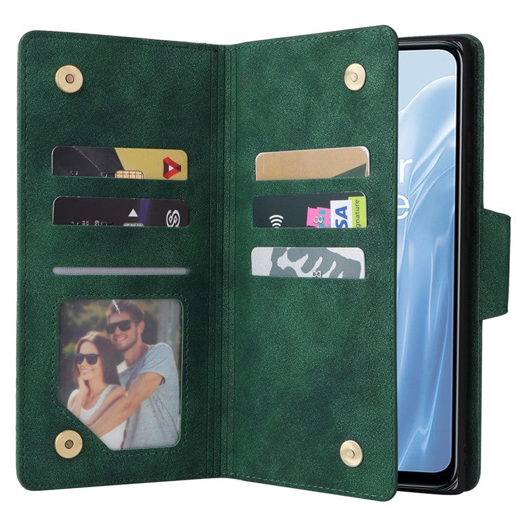 For OnePlus Nord N300 5G Case with Wrist Strap Rivet Decor PU Leather Phone Stand Cover - Green