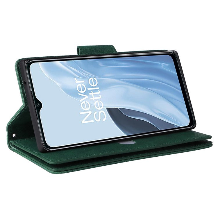 For OnePlus Nord N300 5G Case with Wrist Strap Rivet Decor PU Leather Phone Stand Cover - Green