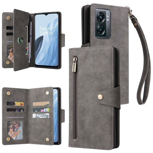 For OnePlus Nord N300 5G Case with Wrist Strap Rivet Decor PU Leather Phone Stand Cover - Grey