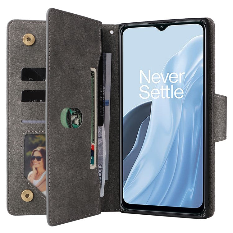 For OnePlus Nord N300 5G Case with Wrist Strap Rivet Decor PU Leather Phone Stand Cover - Grey