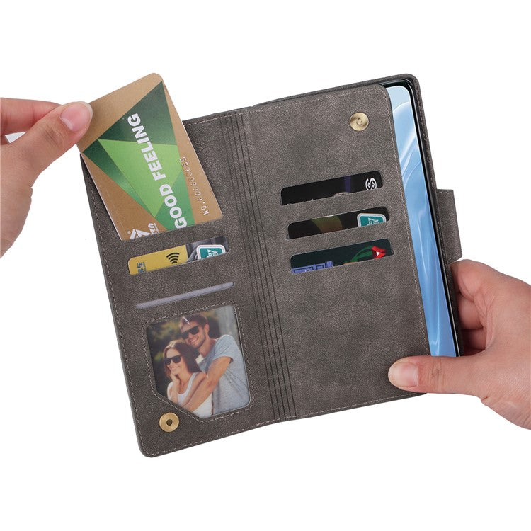 For OnePlus Nord N300 5G Case with Wrist Strap Rivet Decor PU Leather Phone Stand Cover - Grey