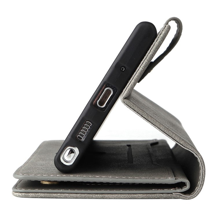 For OnePlus Nord N300 5G Case with Wrist Strap Rivet Decor PU Leather Phone Stand Cover - Grey