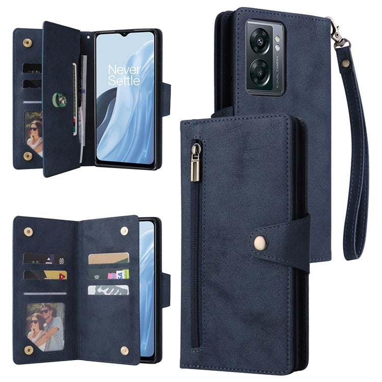 For OnePlus Nord N300 5G Case with Wrist Strap Rivet Decor PU Leather Phone Stand Cover - Blue