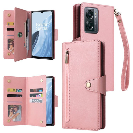 For OnePlus Nord N300 5G Case with Wrist Strap Rivet Decor PU Leather Phone Stand Cover - Rose Gold