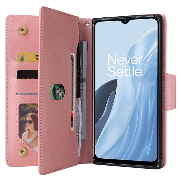 For OnePlus Nord N300 5G Case with Wrist Strap Rivet Decor PU Leather Phone Stand Cover - Rose Gold