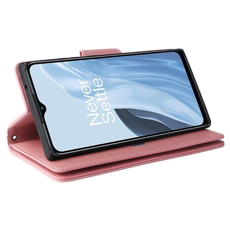 For OnePlus Nord N300 5G Case with Wrist Strap Rivet Decor PU Leather Phone Stand Cover - Rose Gold