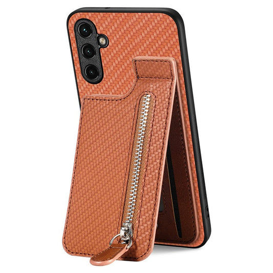 C1-03 For Samsung Galaxy A05s 4G Case Carbon Fiber Kickstand Cover Support Magnetic Car Mount Holder - Brown