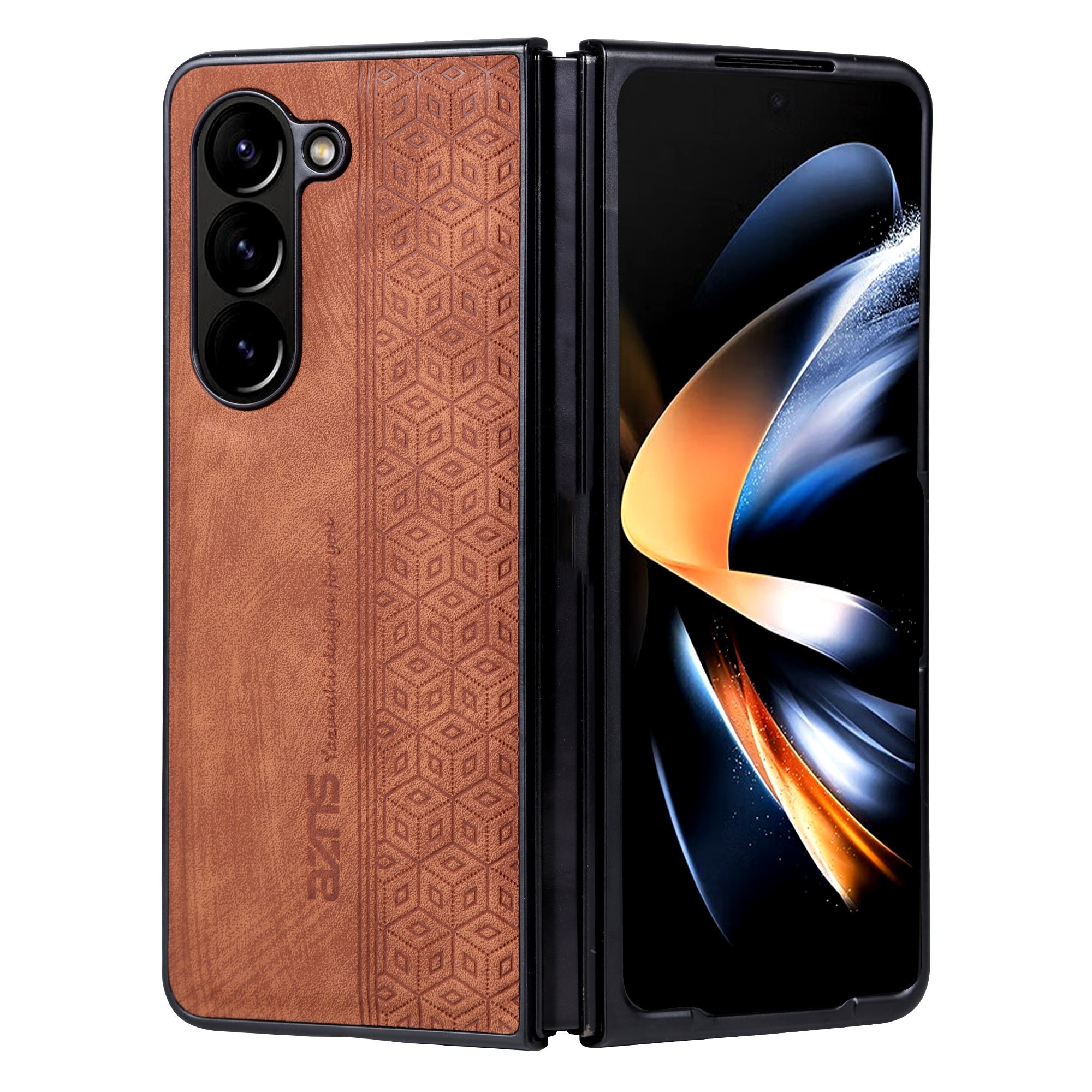 AZNS For Samsung Galaxy Z Fold6 5G Case PU Leather+Hard PC Non-Slip Grip Phone Cover - Brown