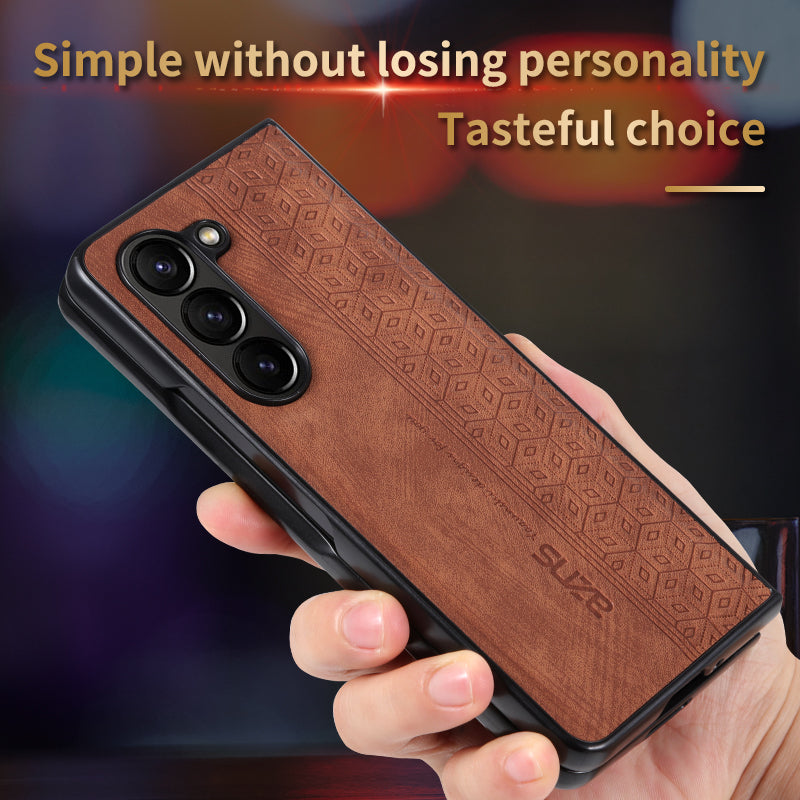 AZNS For Samsung Galaxy Z Fold6 5G Case PU Leather+Hard PC Non-Slip Grip Phone Cover - Brown