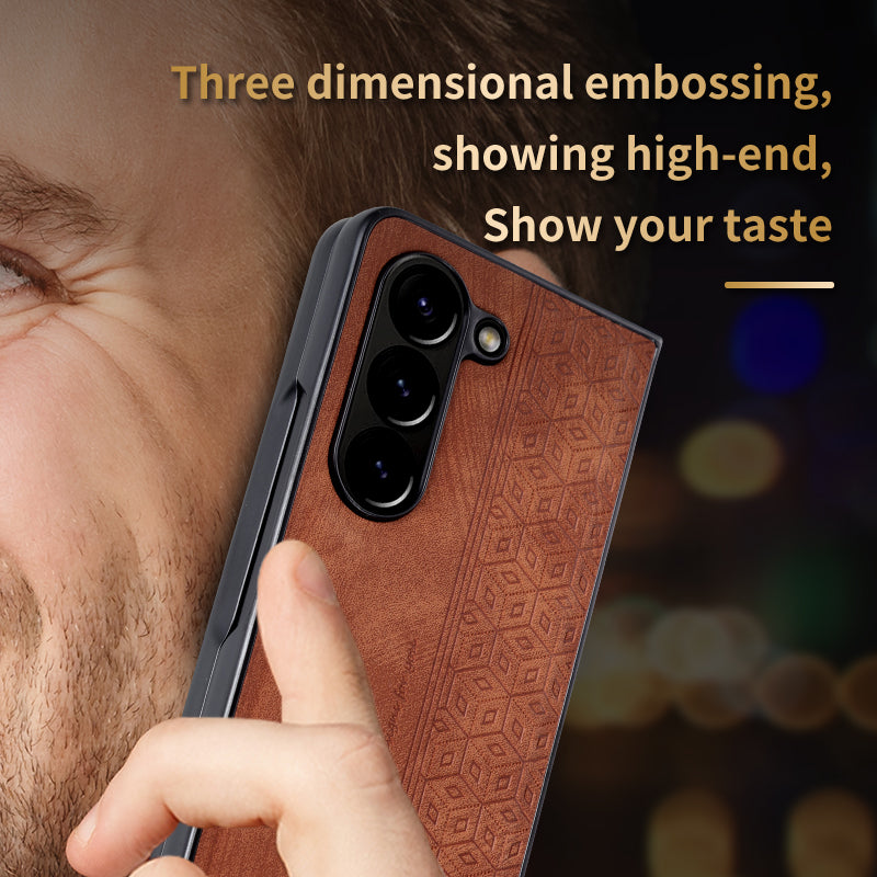 AZNS For Samsung Galaxy Z Fold6 5G Case PU Leather+Hard PC Non-Slip Grip Phone Cover - Brown