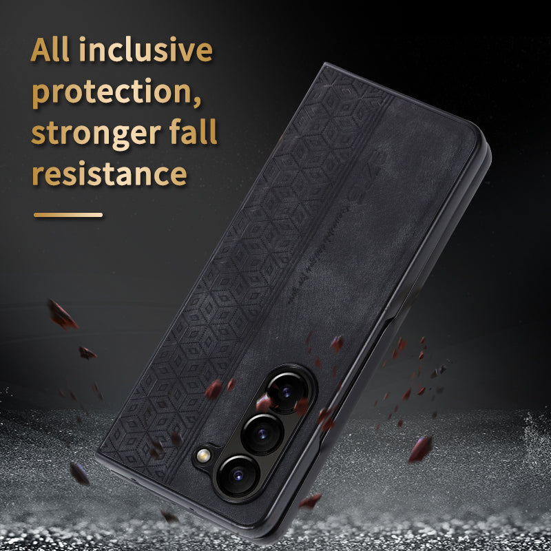 AZNS For Samsung Galaxy Z Fold6 5G Case PU Leather+Hard PC Non-Slip Grip Phone Cover - Brown
