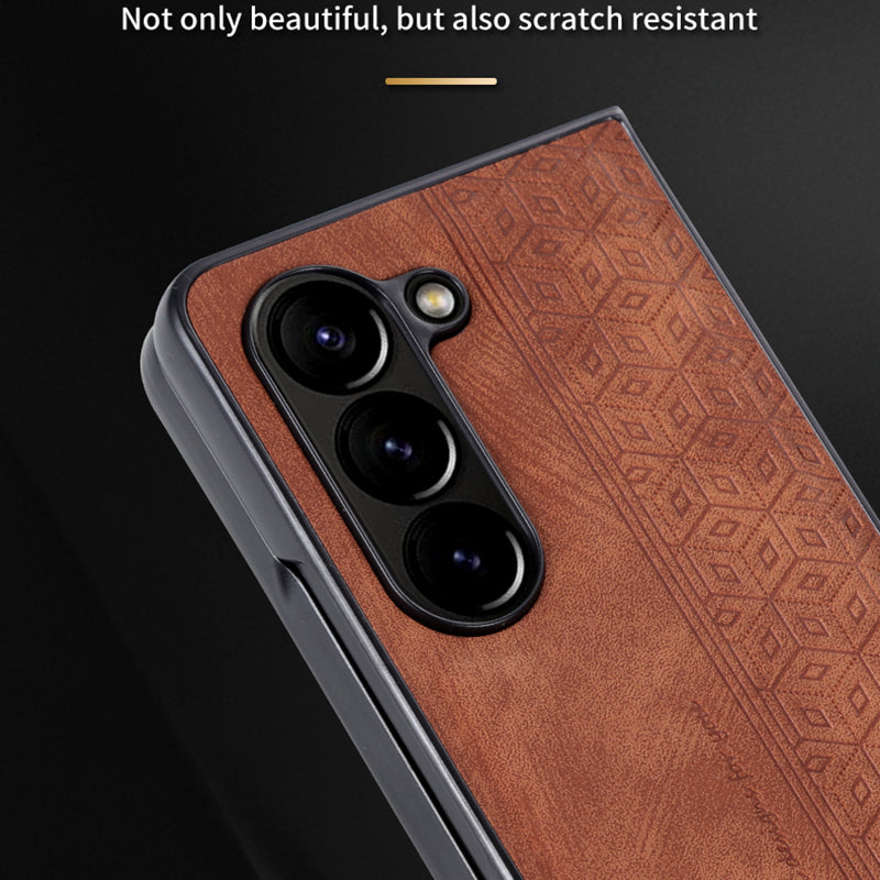 AZNS For Samsung Galaxy Z Fold6 5G Case PU Leather+Hard PC Non-Slip Grip Phone Cover - Brown