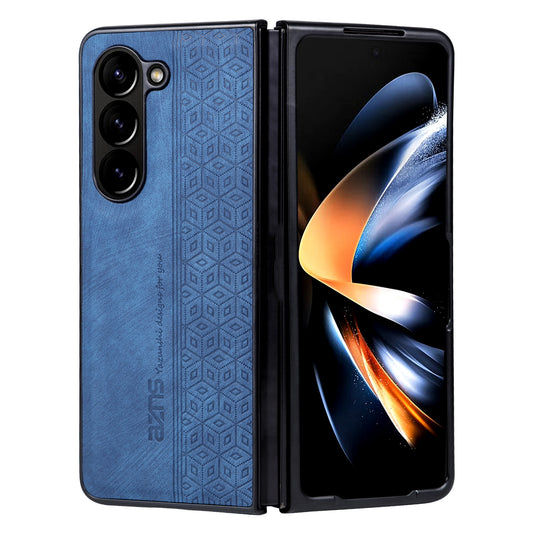 AZNS For Samsung Galaxy Z Fold6 5G Case PU Leather+Hard PC Non-Slip Grip Phone Cover - Blue