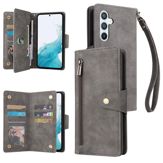 For Samsung Galaxy A54 5G Wallet Phone Case Rivet Decor Leather Flip Folio Cover - Grey