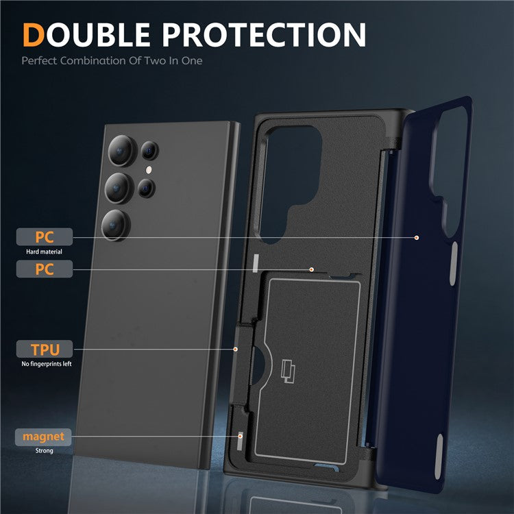 For Samsung Galaxy S23 Ultra Case Card Holder TPU+PC Phone Cover with Flip Kickstand - Sapphire