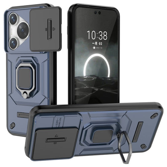 For Huawei Pura 70 Case PC+TPU Protective Phone Shell with Slide Lens Cover - Blue