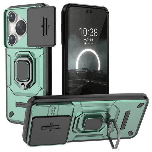 For Huawei Pura 70 Case PC+TPU Protective Phone Shell with Slide Lens Cover - Green