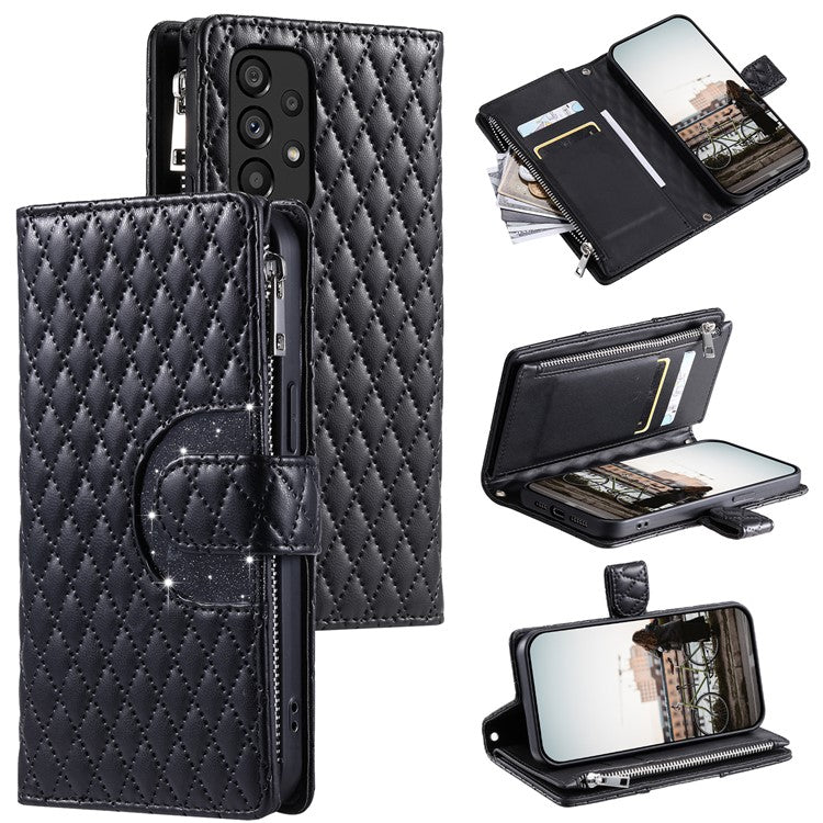 Style 012 for Samsung Galaxy A53 5G Phone Case Rhombus Zipper Wallet PU Leather Flip Cover - Black
