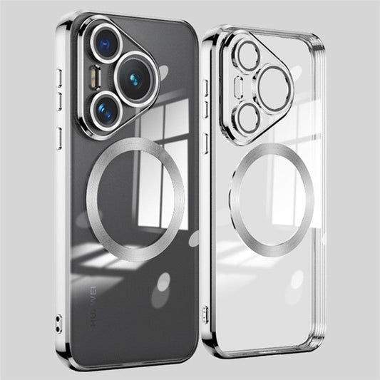 For Huawei Pura 70 Pro Clear Case Electroplating TPU Phone Cover Built-In Glass Lens Film - Silver