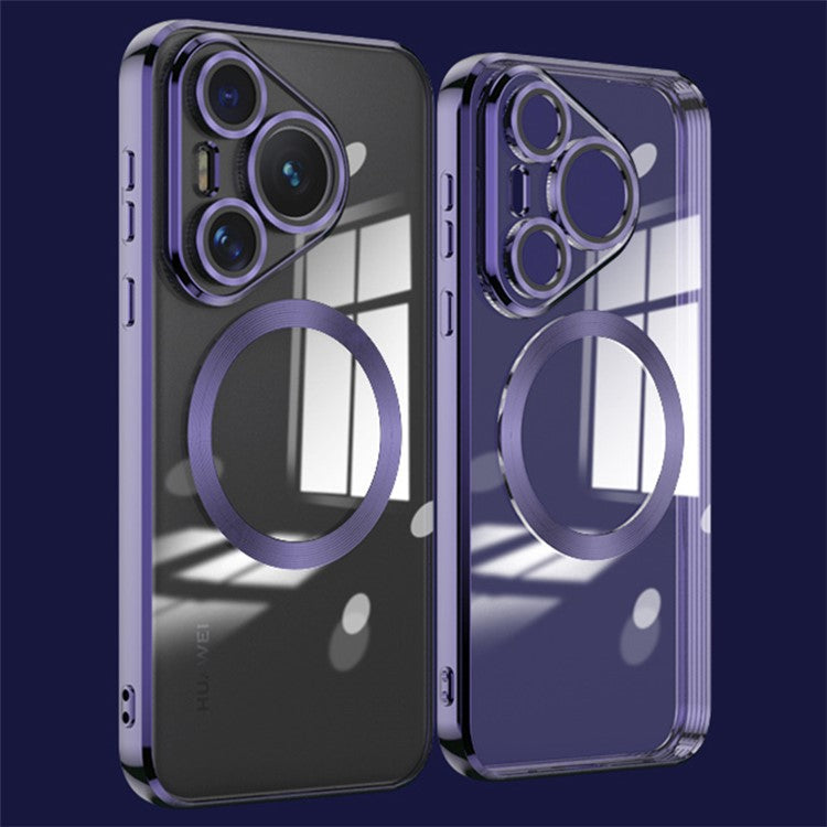 For Huawei Pura 70 Pro Clear Case Electroplating TPU Phone Cover Built-In Glass Lens Film - Dark Purple