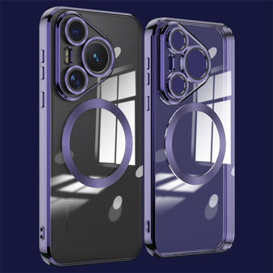 For Huawei Pura 70 Pro Clear Case Electroplating TPU Phone Cover Built-In Glass Lens Film - Dark Purple